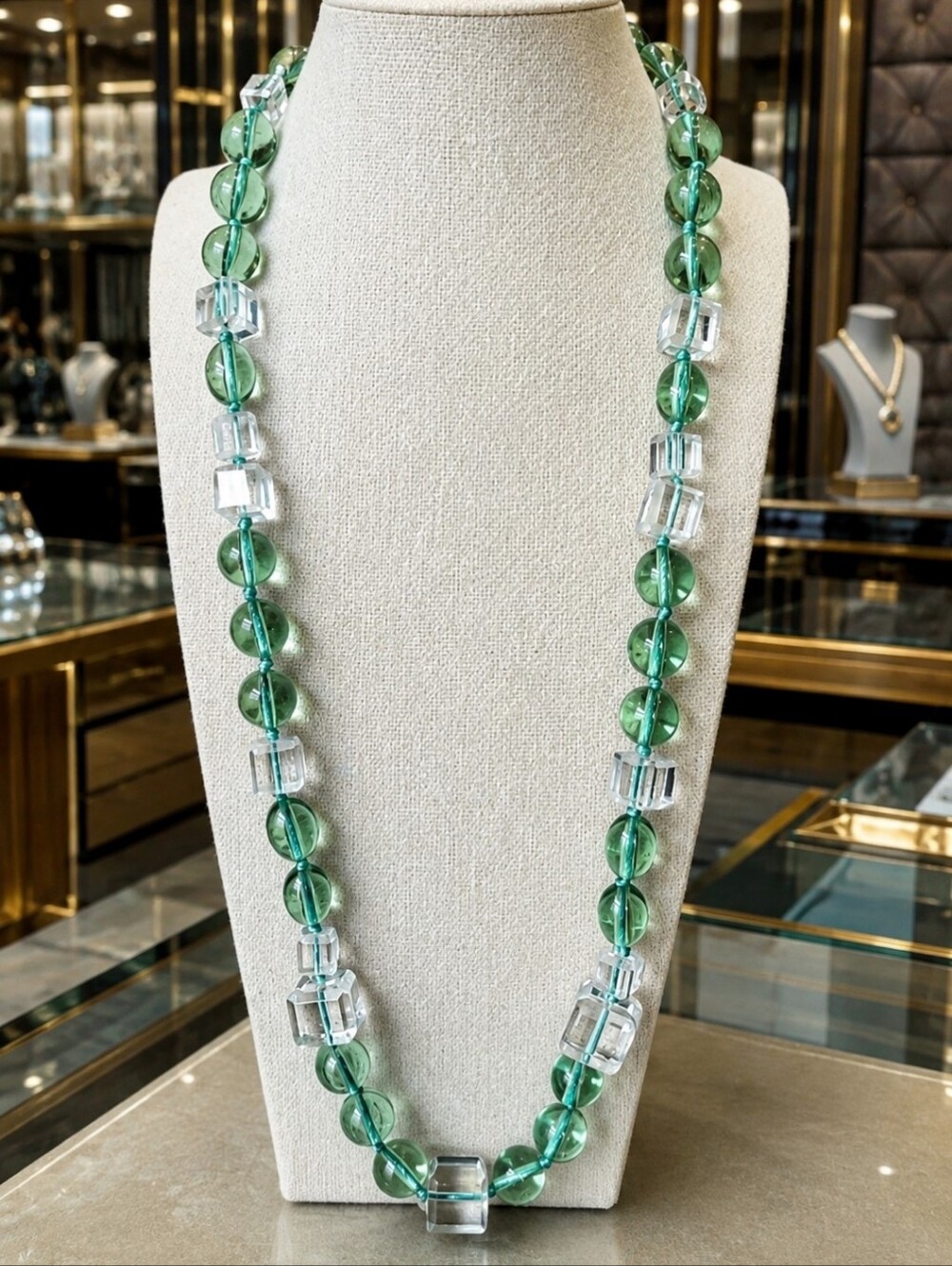 Glass Clear Green Ice Cube Square  Oval Acrylic Long Bead Necklace Cane Beads
